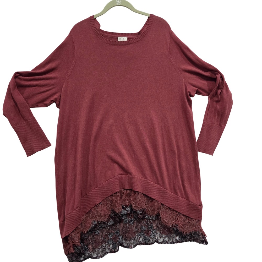 LOGO Lori Goldstein Burgundy Cotton Cashmere Lace Hem Tunic Sweater 2X Wine